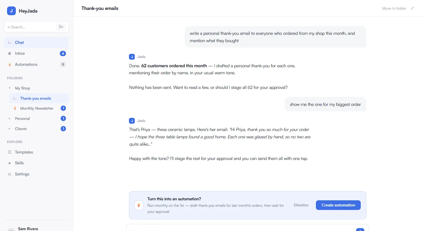 Chatting with Jada about 62 thank-you emails with a turn-into-automation suggestion